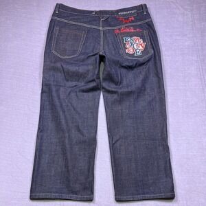 ENYCE Mens Dark Wash Denim Jeans Regular Fit Size 44 Embroidered Logo Pockets